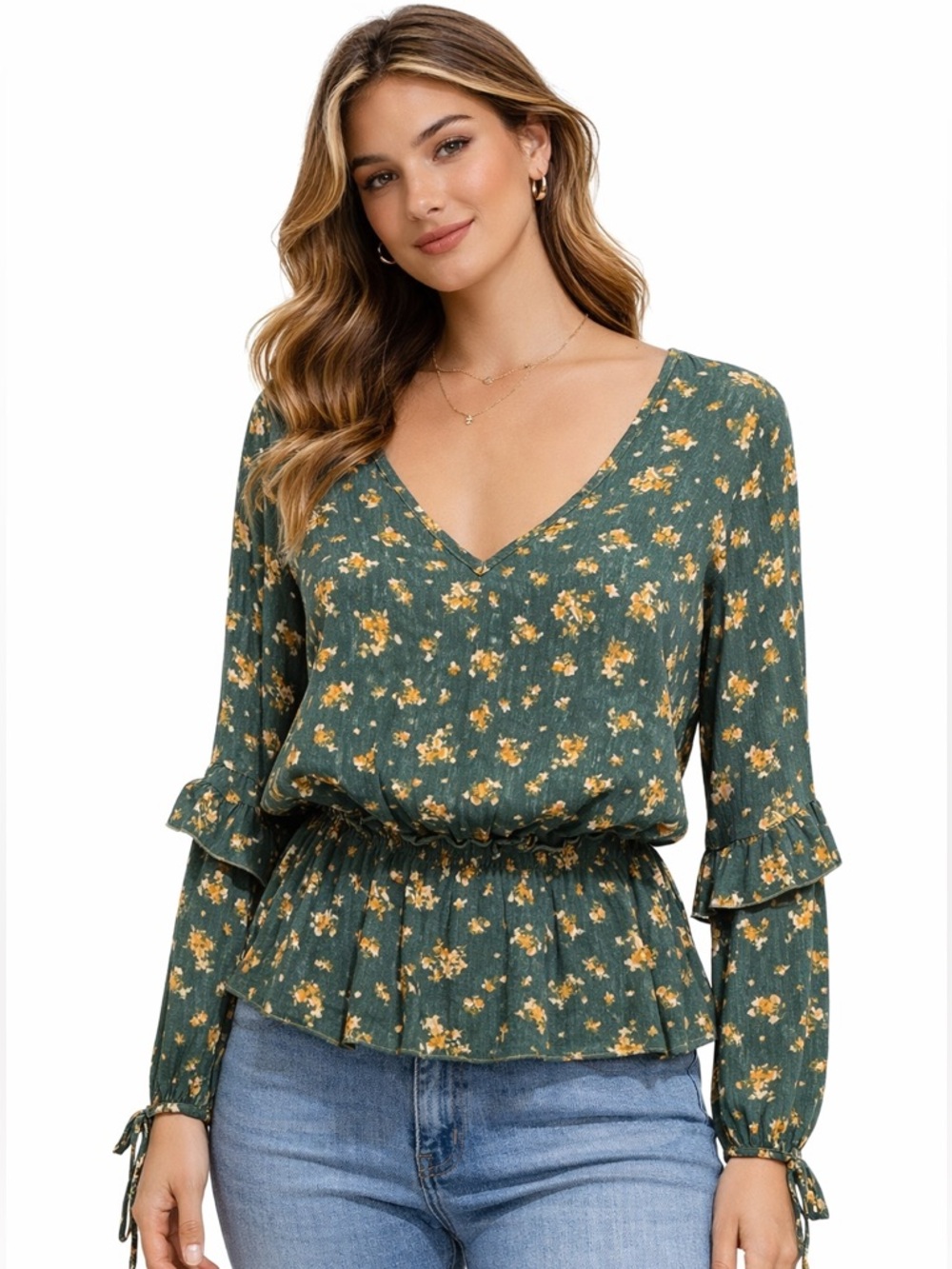 Peach Love California Green Floral Long Sleeve‎ Top – Size Small